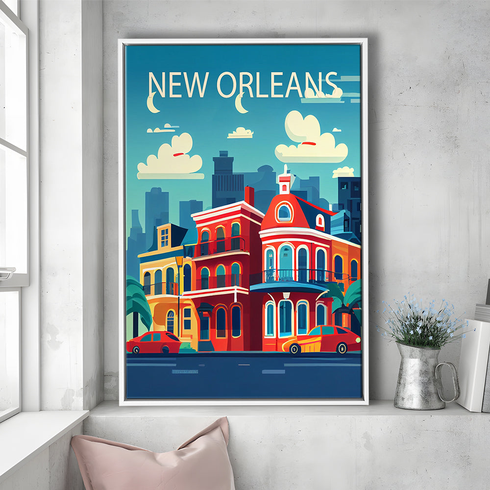 New Orleans Retro Art Print, New Orleans City Wall Art, Floating Framed Canvas Print, Framed Picture, Painting Canvas