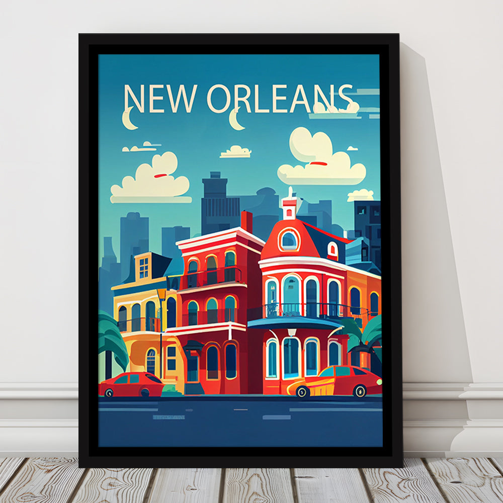 New Orleans Retro Art Print, New Orleans City Wall Art, Floating Framed Canvas Print, Framed Picture, Painting Canvas