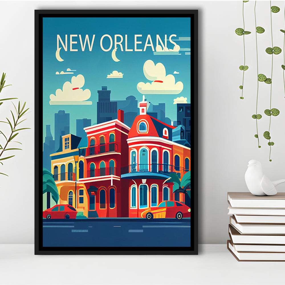 New Orleans Retro Art Print, New Orleans City Wall Art, Floating Framed Canvas Print, Framed Picture, Painting Canvas