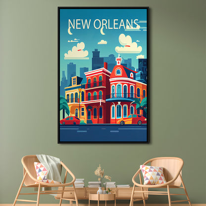 New Orleans Retro Art Print, New Orleans City Wall Art, Floating Framed Canvas Print, Framed Picture, Painting Canvas