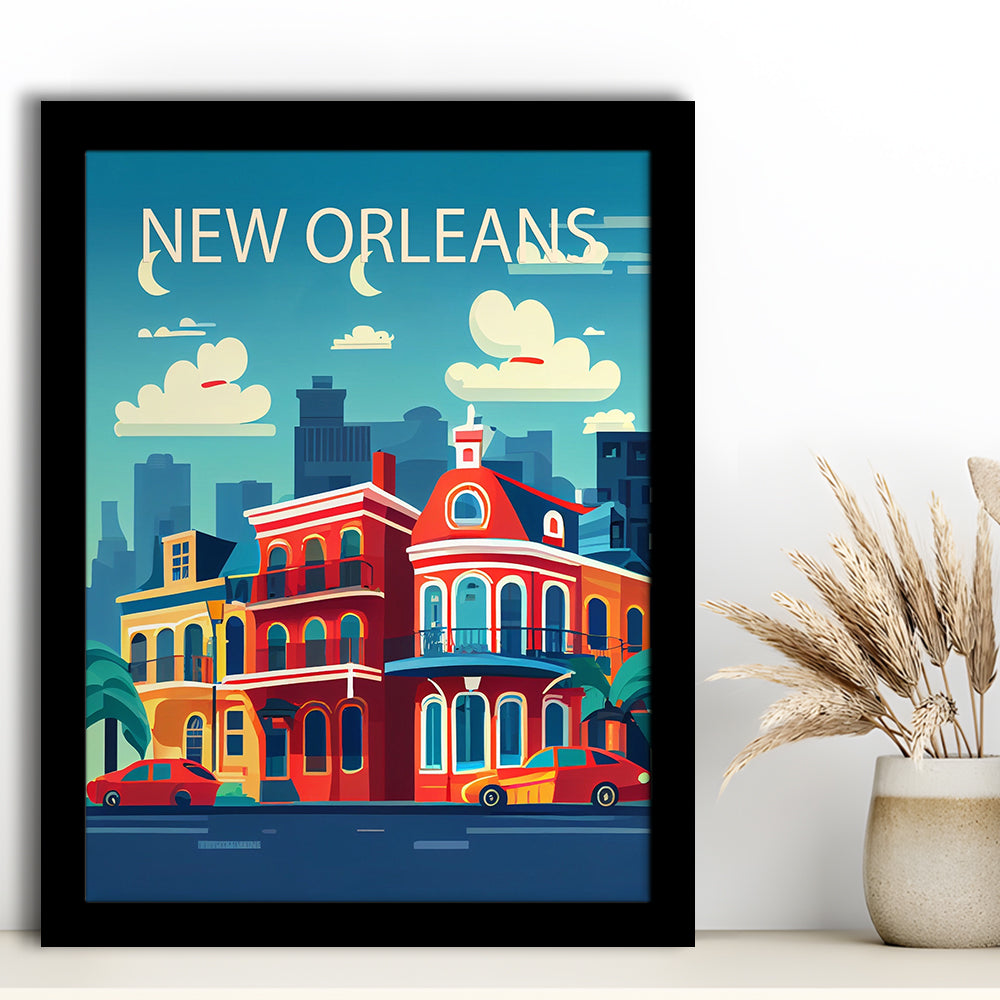 New Orleans Retro Art Print, New Orleans City Wall Art, Framed Art Print, Picture Framed, Painting Art