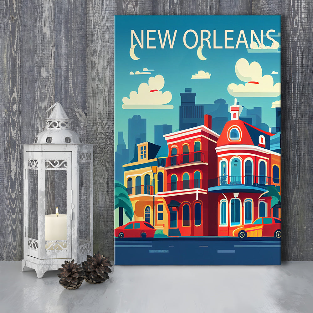 New Orleans Retro Art Print, New Orleans City Wall Art, Canvas Print, Painting Canvas, Living Room Decor