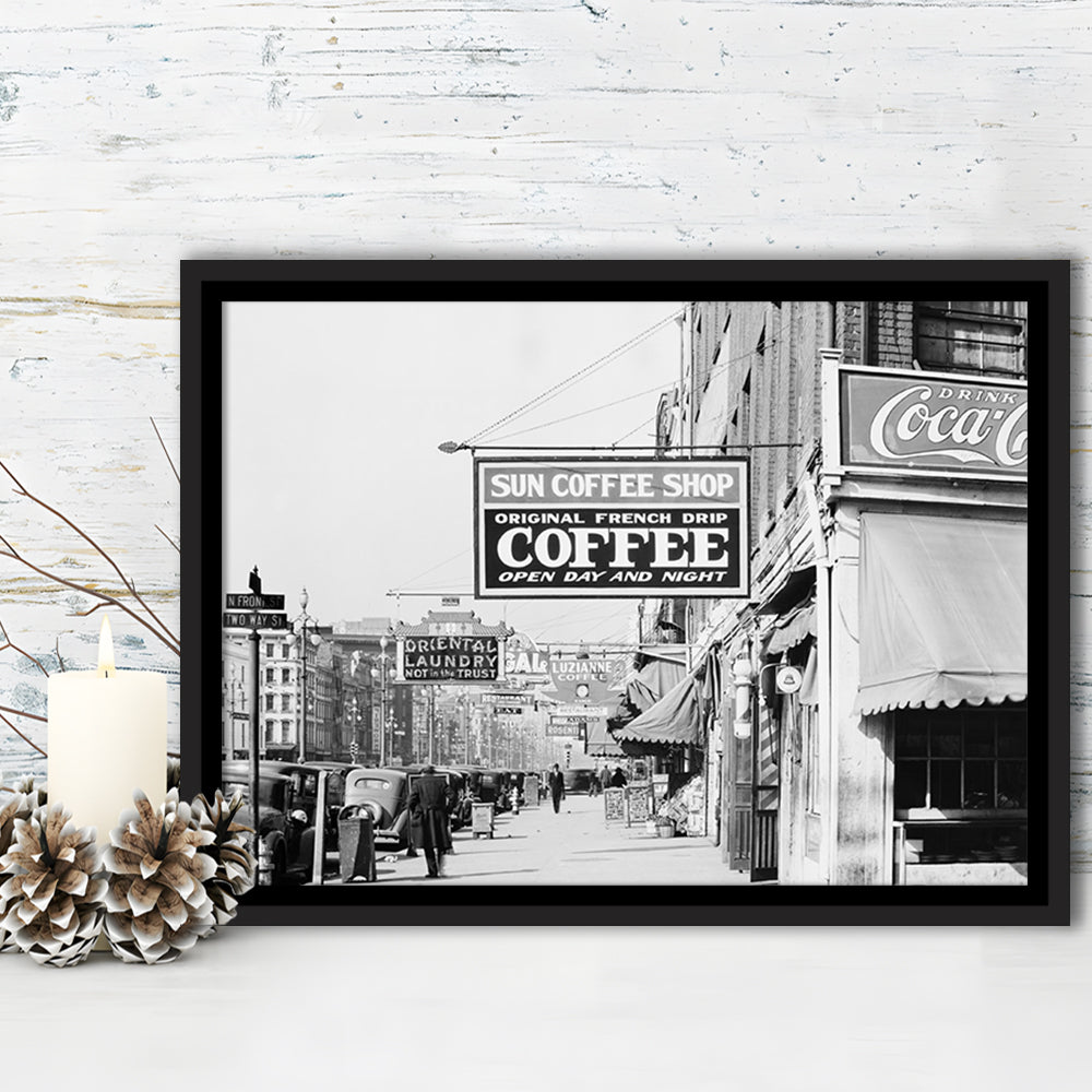 New Orleans Street Scene Advertising Signs Black and White Art Storefront Photo, Floating Framed Canvas Print