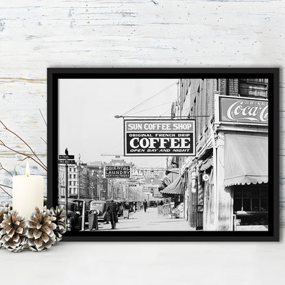 New Orleans Street Scene Advertising Signs Black and White Art Storefront Photo, Floating Framed Canvas Print