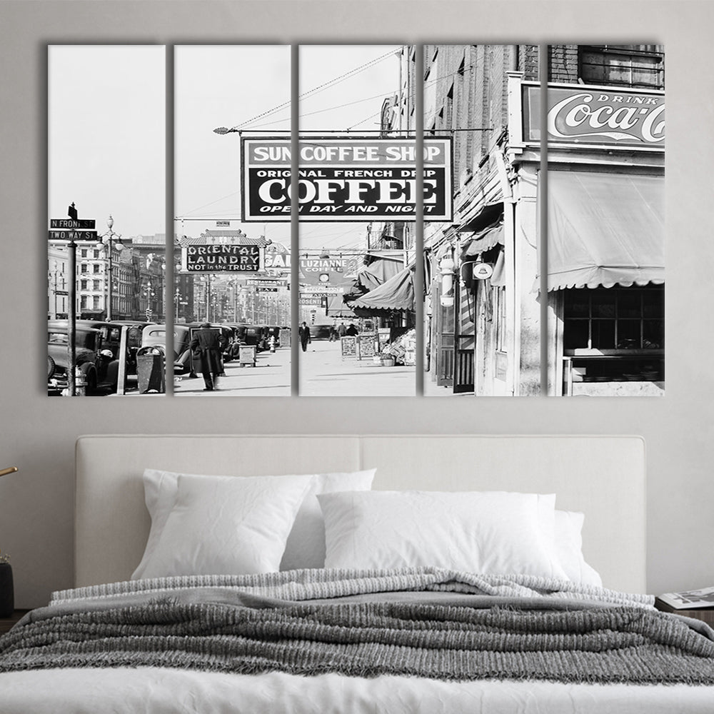 New Orleans Street Scene Advertising Signs Black and White Art Storefront Photo, 5 Pieces Large Canvas Print