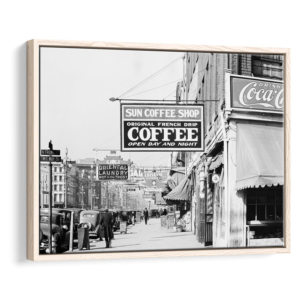 New Orleans Street Scene Advertising Signs Black and White Art Storefront Photo, Floating Framed Canvas Print