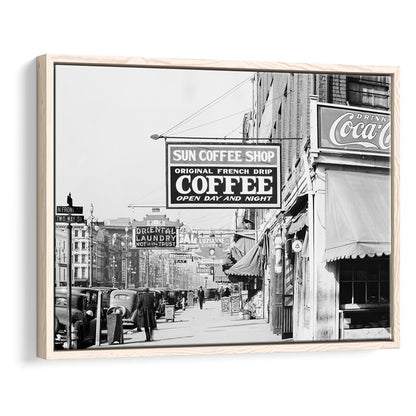 New Orleans Street Scene Advertising Signs Black and White Art Storefront Photo, Floating Framed Canvas Print