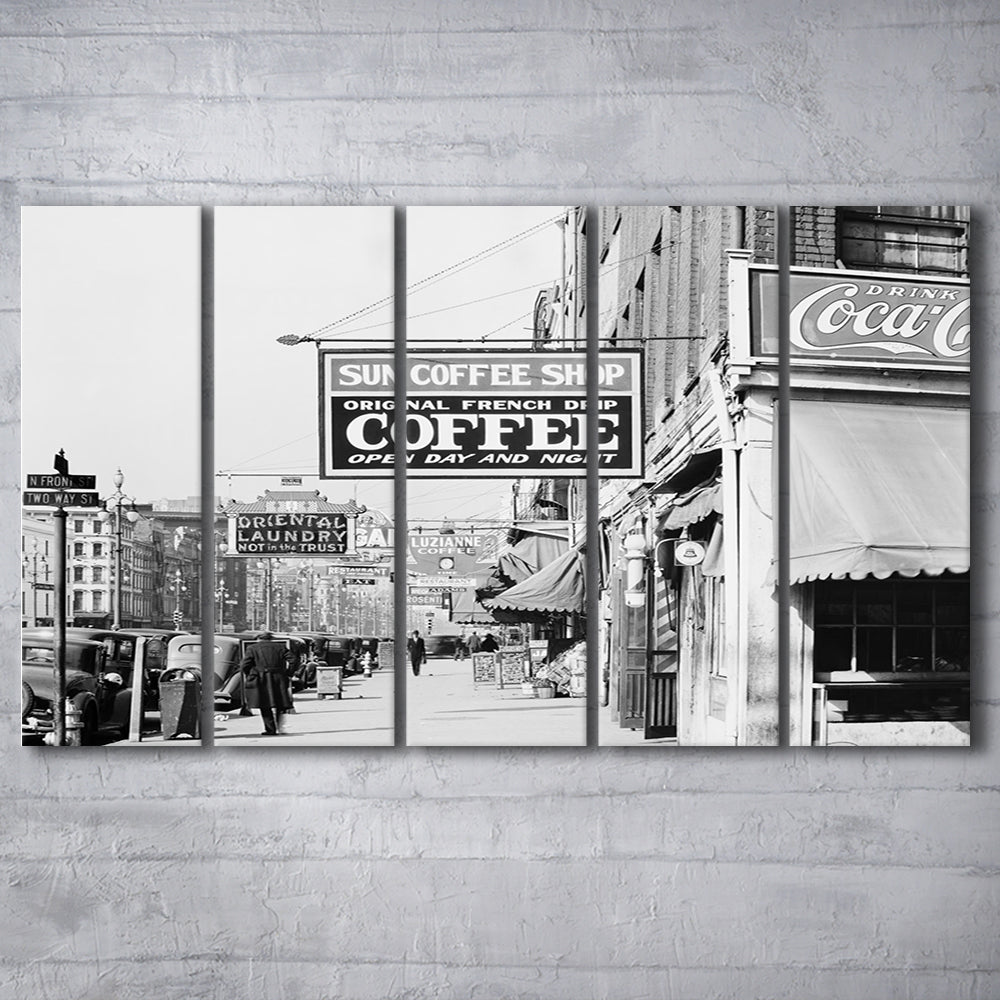 New Orleans Street Scene Advertising Signs Black and White Art Storefront Photo, 5 Pieces Large Canvas Print