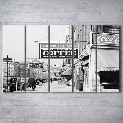 New Orleans Street Scene Advertising Signs Black and White Art Storefront Photo, 5 Pieces Large Canvas Print