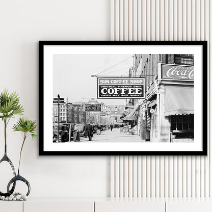 New Orleans Street Scene Advertising Signs Black and White Art Storefront Photo, Framed Art Print White Border Wall Decor