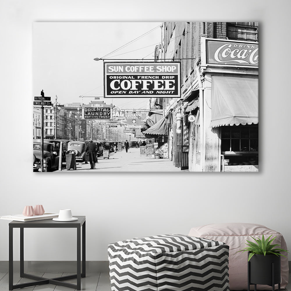 New Orleans Street Scene Advertising Signs Black and White Art Storefront Photo, Canvas Print Wall Art Decor