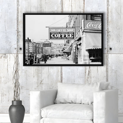 New Orleans Street Scene Advertising Signs Black and White Art Storefront Photo, Floating Framed Canvas Print