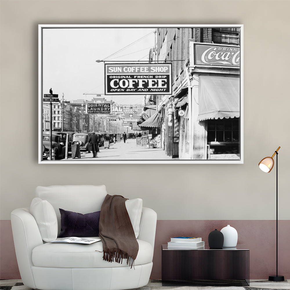 New Orleans Street Scene Advertising Signs Black and White Art Storefront Photo, Floating Framed Canvas Print