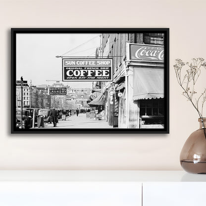 New Orleans Street Scene Advertising Signs Black and White Art Storefront Photo, Floating Framed Canvas Print