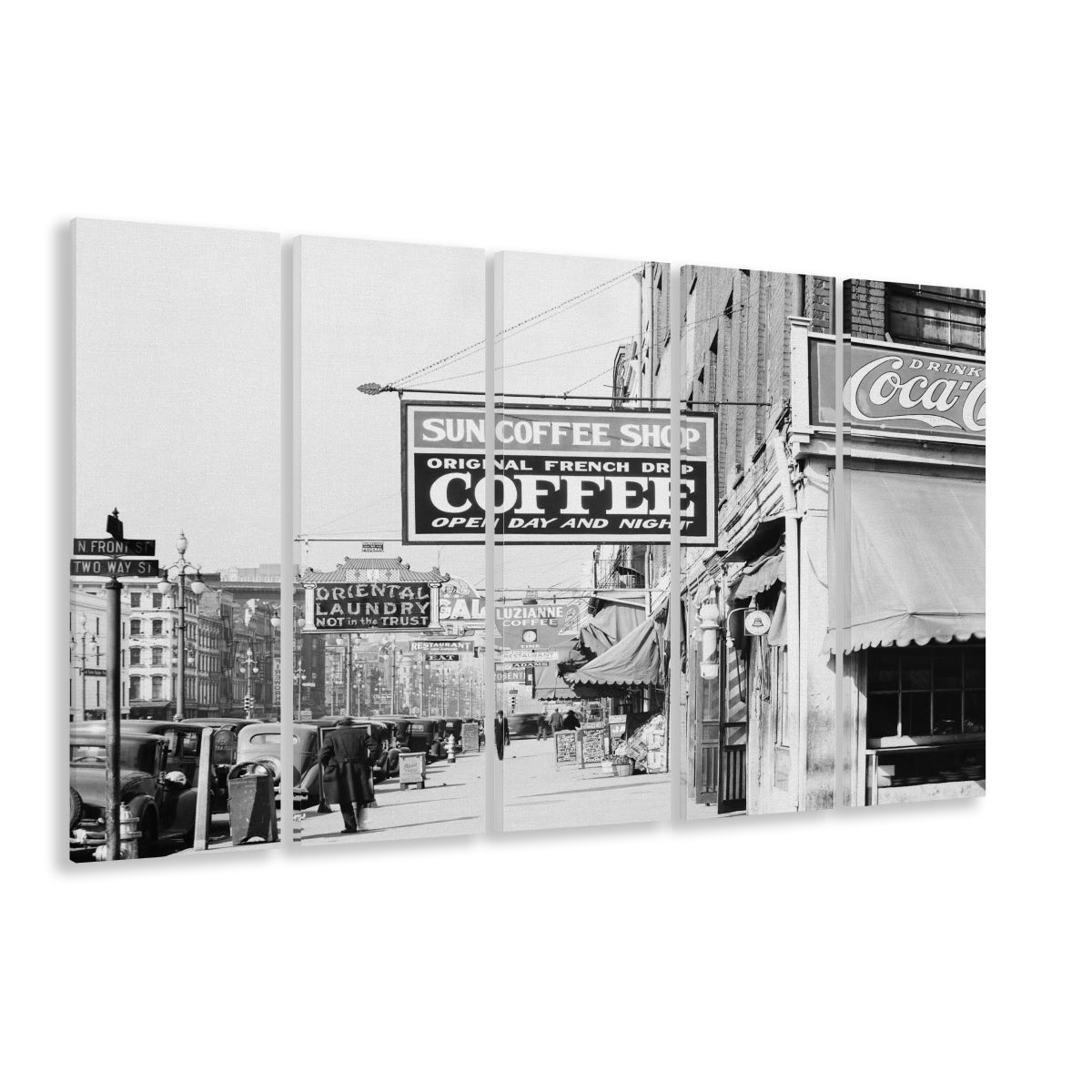 New Orleans Street Scene Advertising Signs Black and White Art Storefront Photo, 5 Pieces Large Canvas Print