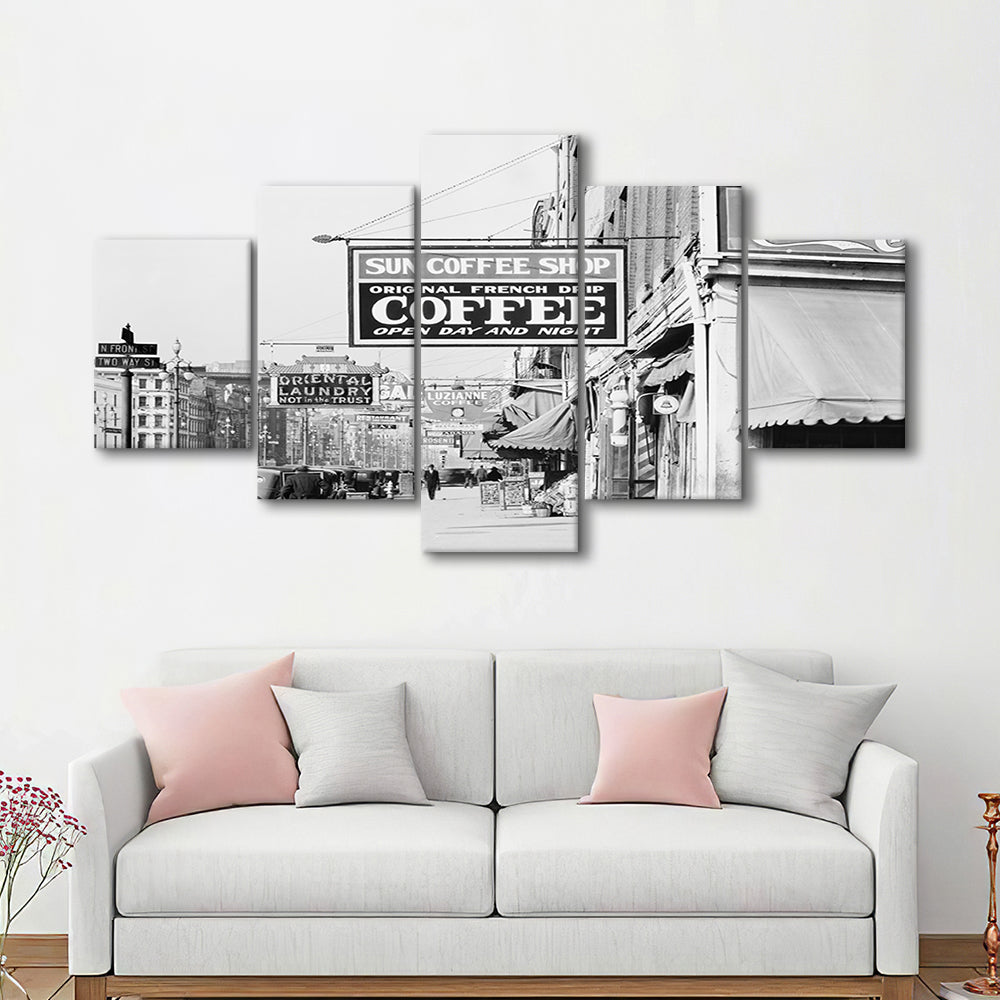 New Orleans Street Scene Advertising Signs Black and White Art Storefront Photo, Mixed 5 Pieces Canvas Print