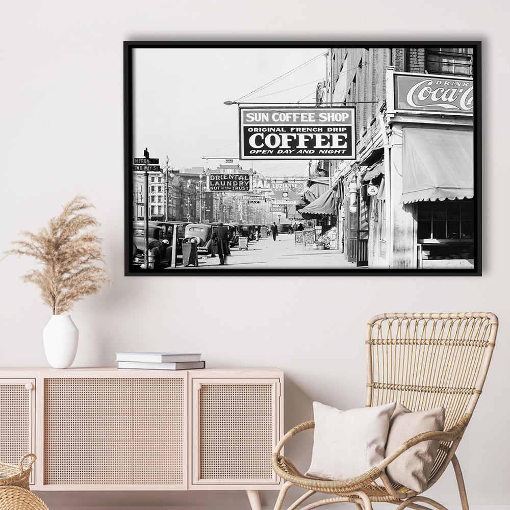 New Orleans Street Scene Advertising Signs Black and White Art Storefront Photo, Floating Framed Canvas Print