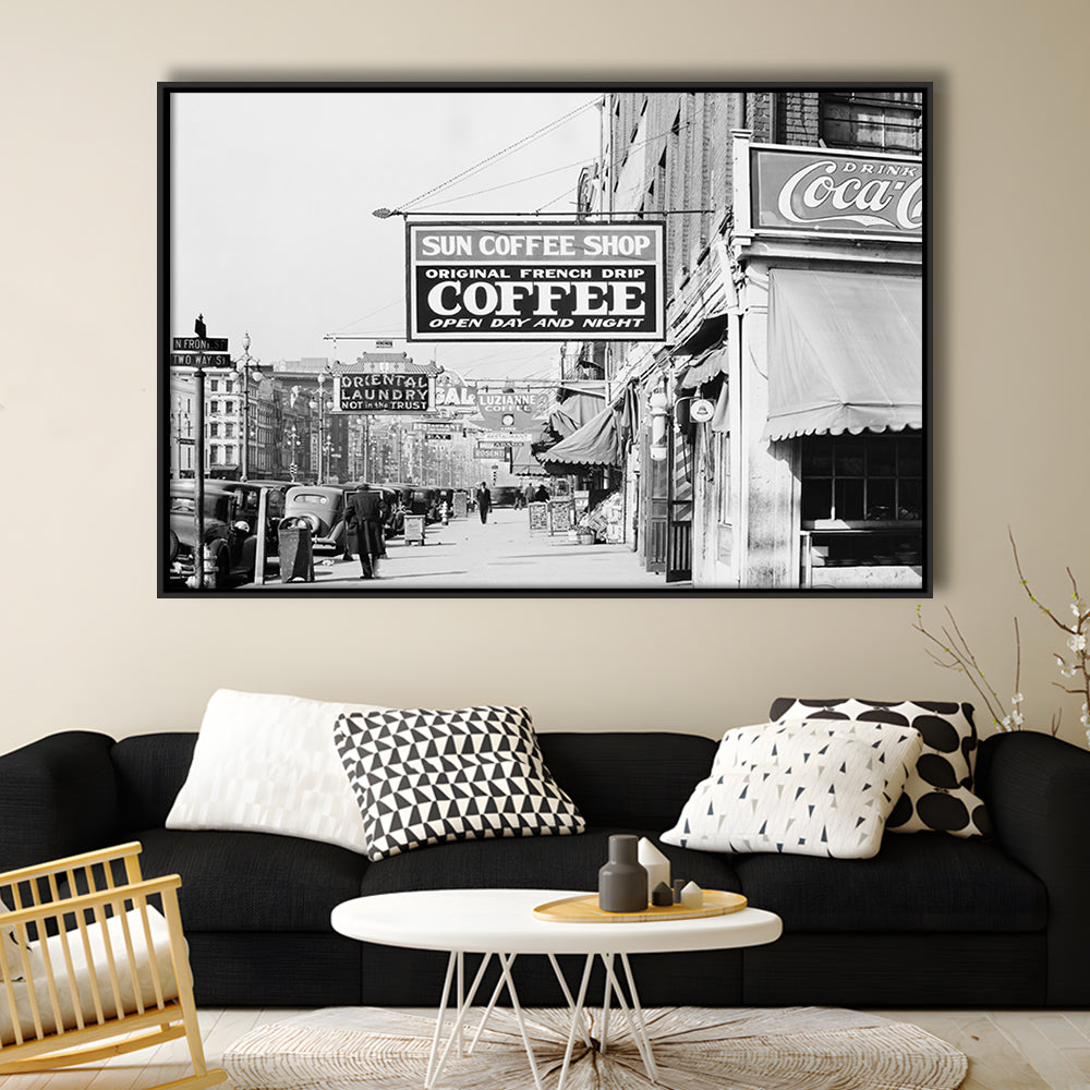 New Orleans Street Scene Advertising Signs Black and White Art Storefront Photo, Floating Framed Canvas Print