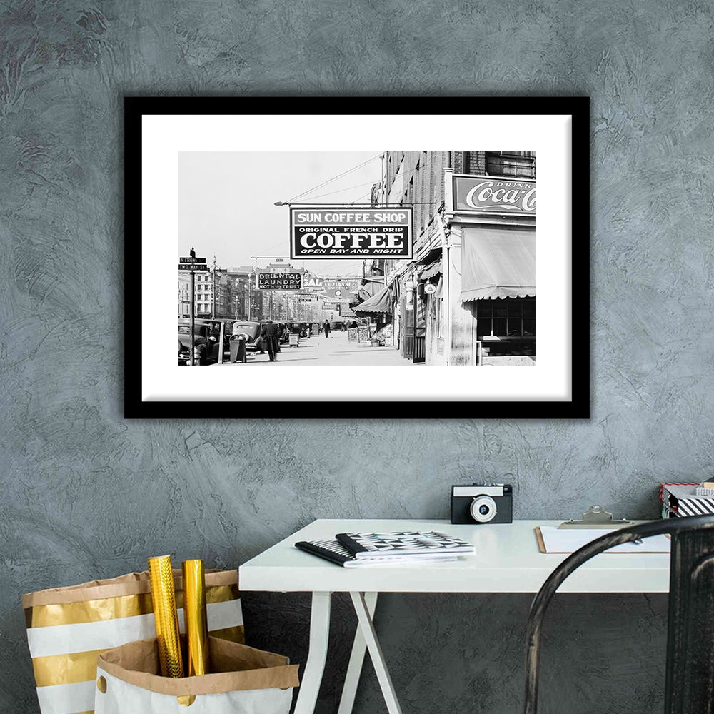 New Orleans Street Scene Advertising Signs Black and White Art Storefront Photo, Framed Art Print White Border Wall Decor