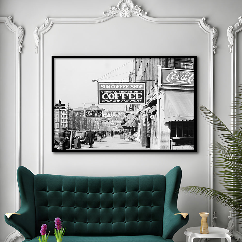 New Orleans Street Scene Advertising Signs Black and White Art Storefront Photo, Framed Art Print Wall Decor