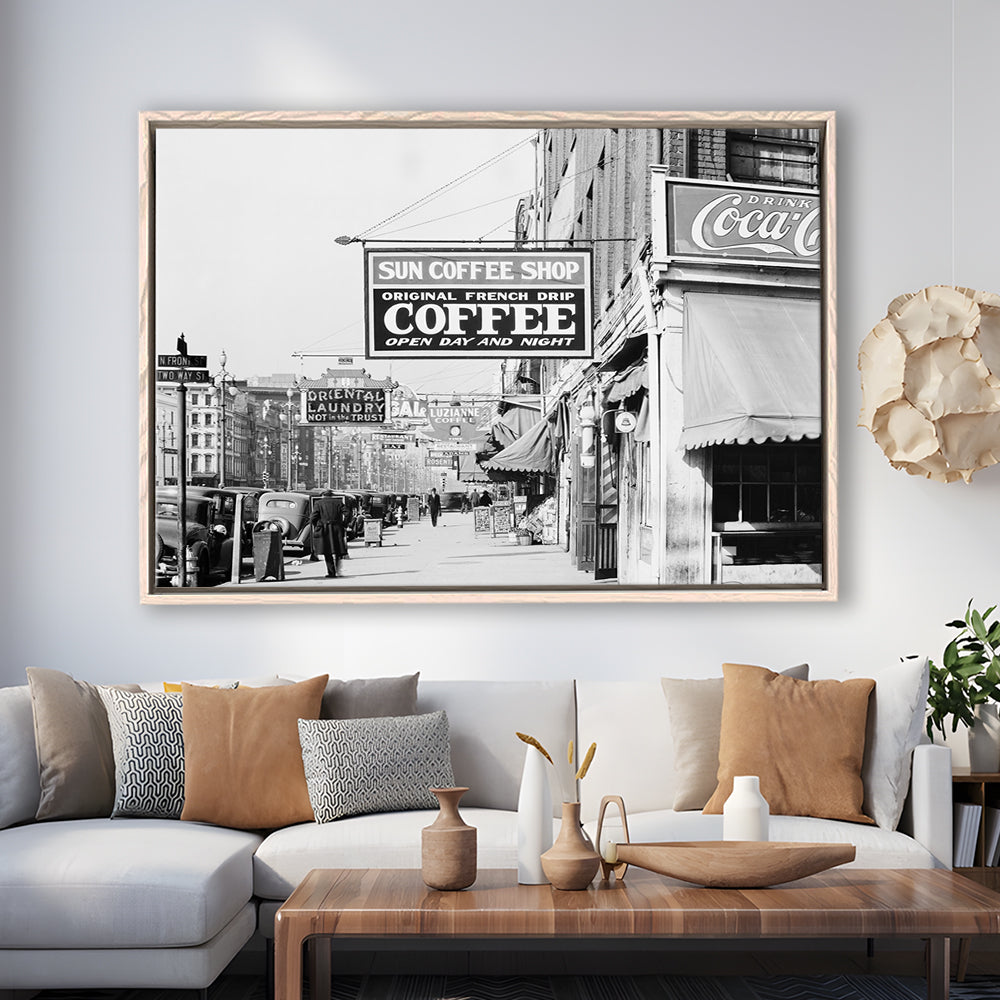 New Orleans Street Scene Advertising Signs Black and White Art Storefront Photo, Floating Framed Canvas Print