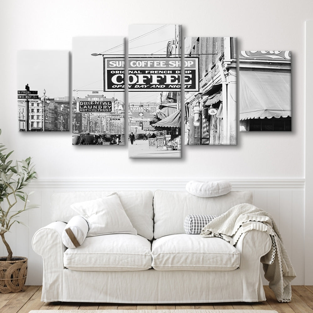New Orleans Street Scene Advertising Signs Black and White Art Storefront Photo, Mixed 5 Pieces Canvas Print
