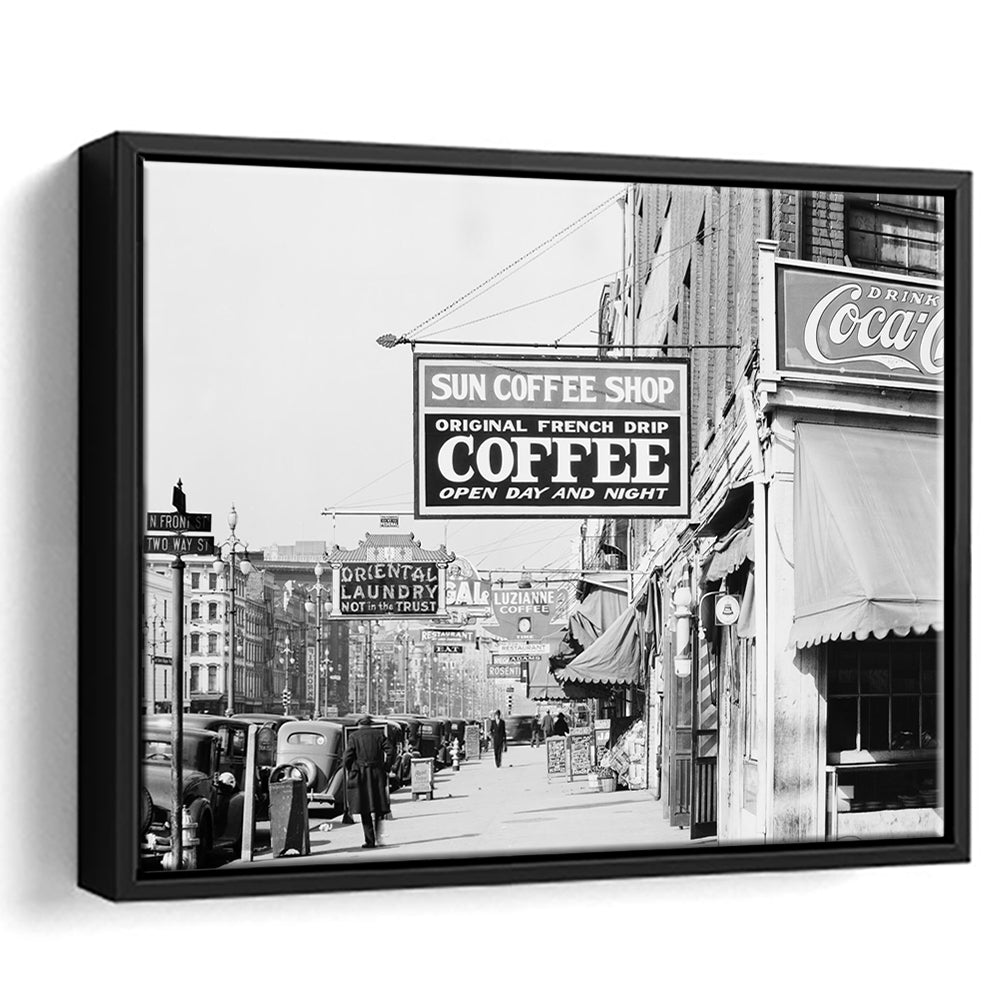 New Orleans Street Scene Advertising Signs Black and White Art Storefront Photo, Floating Framed Canvas Print