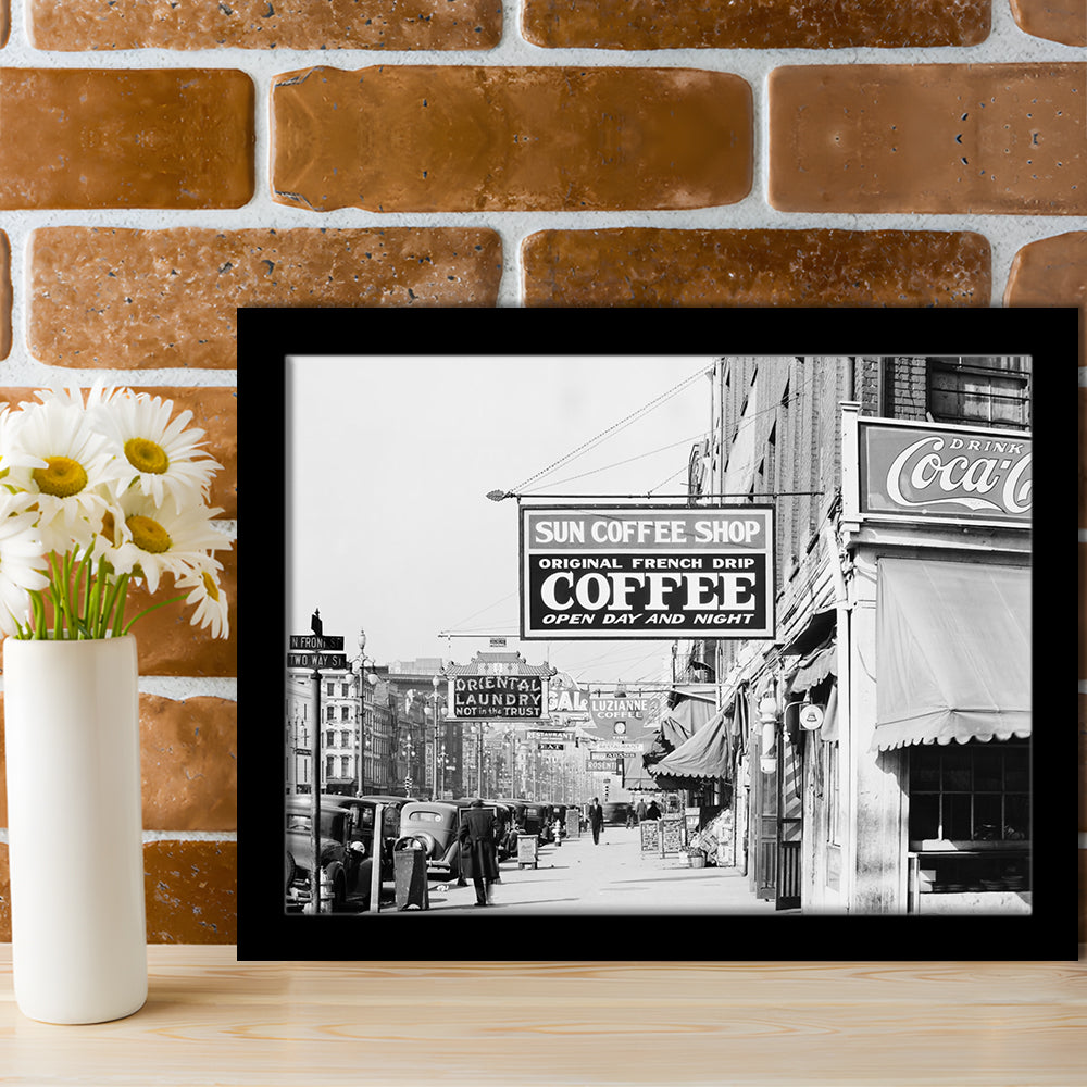 New Orleans Street Scene Advertising Signs Black and White Art Storefront Photo, Framed Art Print Wall Decor