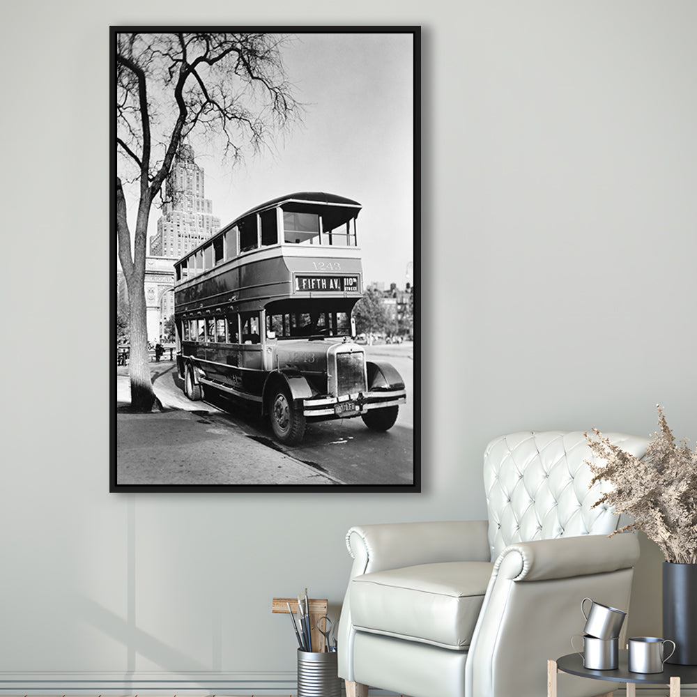 New York City Bus Architecture Print Black and White Art, Floating Framed Canvas Print