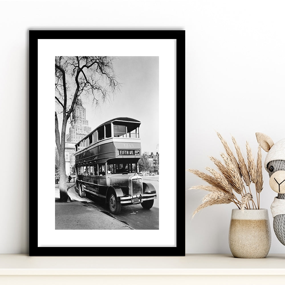 New York City Bus Architecture Print Black and White Art, Framed Art Print White Border Wall Decor