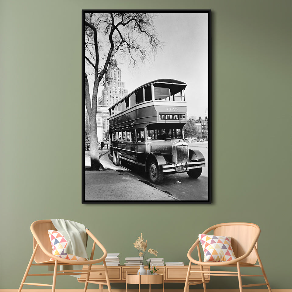 New York City Bus Architecture Print Black and White Art, Floating Framed Canvas Print