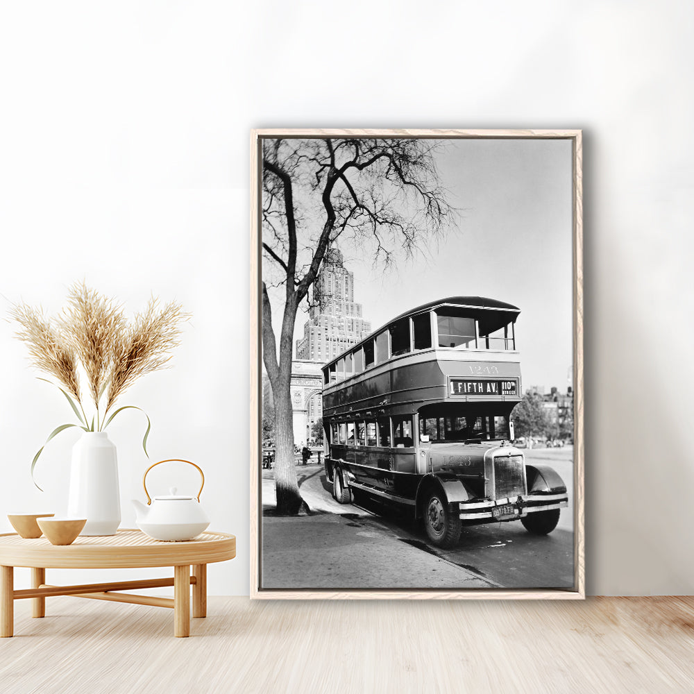 New York City Bus Architecture Print Black and White Art, Floating Framed Canvas Print
