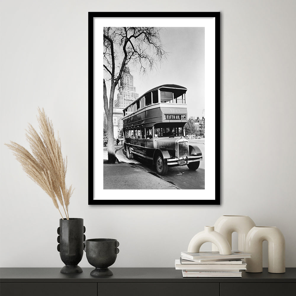 New York City Bus Architecture Print Black and White Art, Framed Art Print White Border Wall Decor