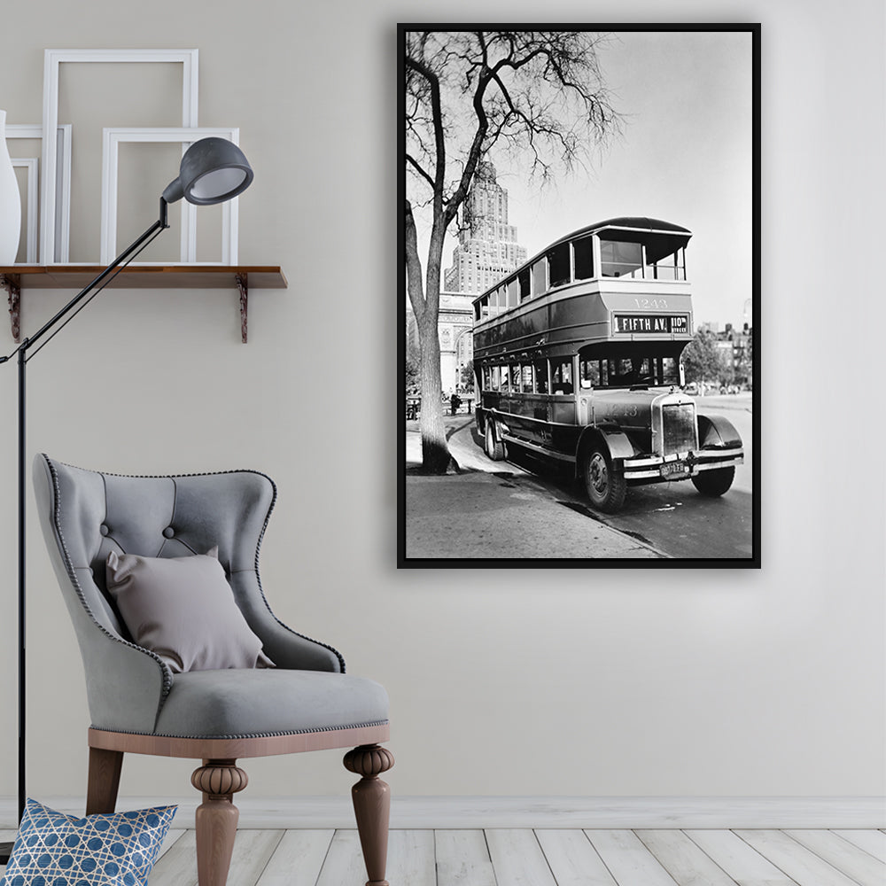 New York City Bus Architecture Print Black and White Art, Floating Framed Canvas Print