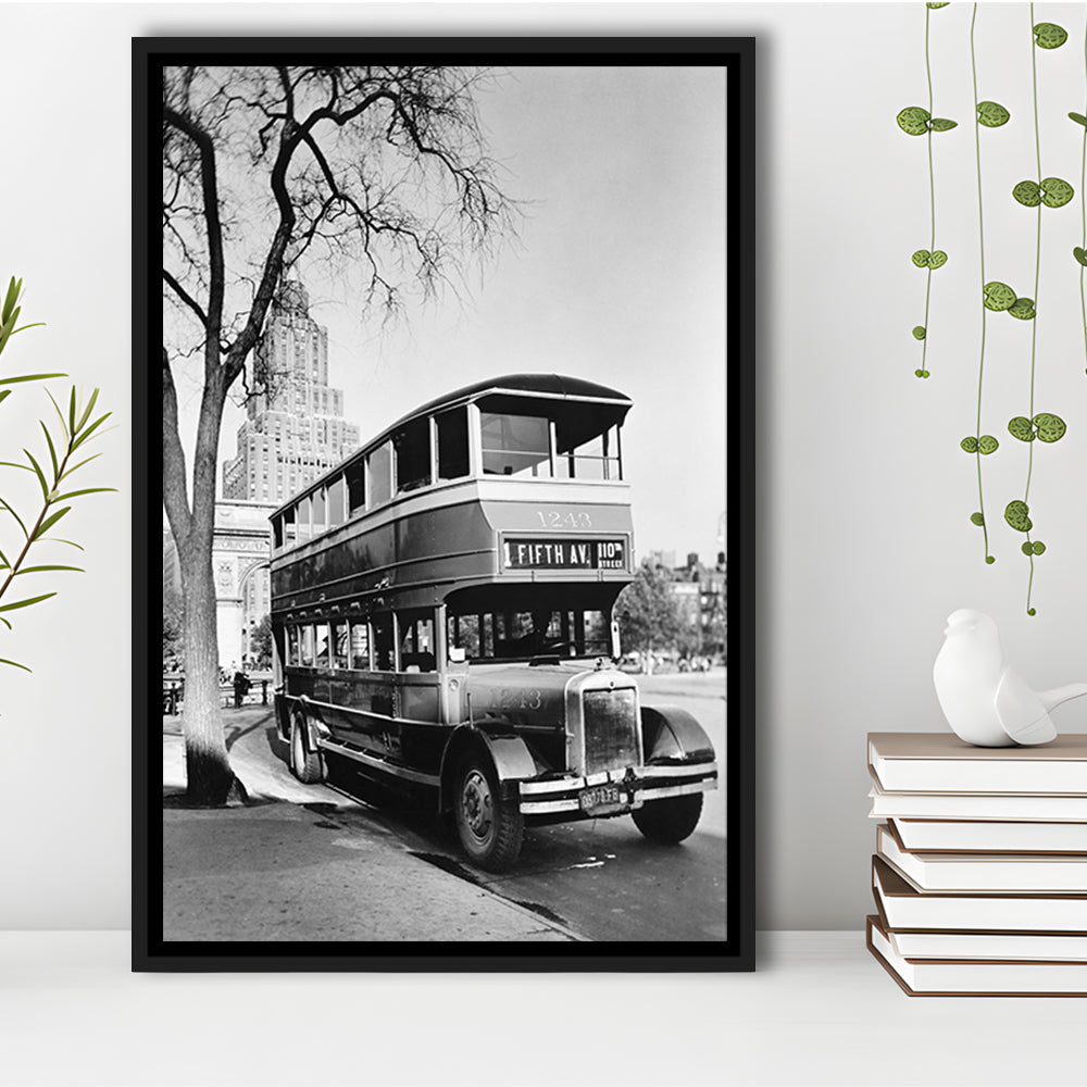 New York City Bus Architecture Print Black and White Art, Floating Framed Canvas Print