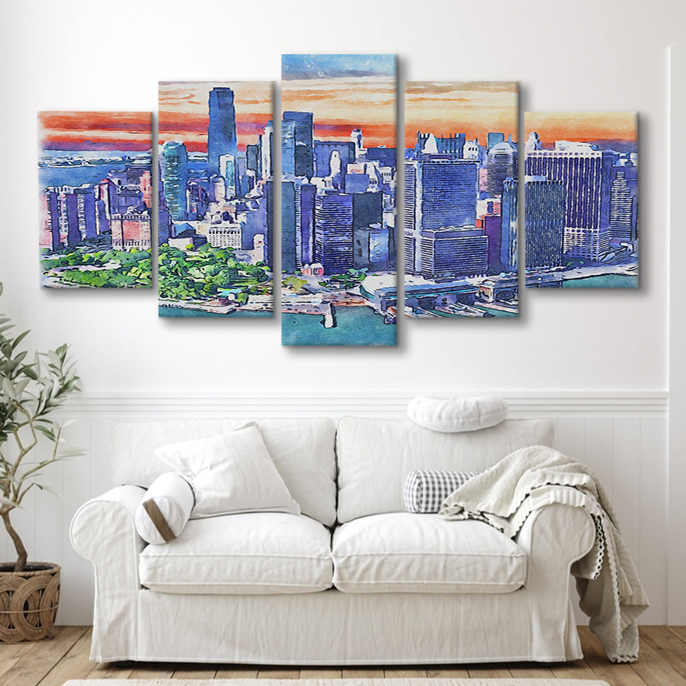 New York City Watercolor Painting Canvas, New York City Painting, Sport Art, Mixed 5 Panel, Canvas Print Wall Art