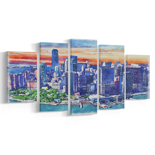New York City Watercolor Painting Canvas, New York City Painting, Sport Art, Mixed 5 Panel, Canvas Print Wall Art
