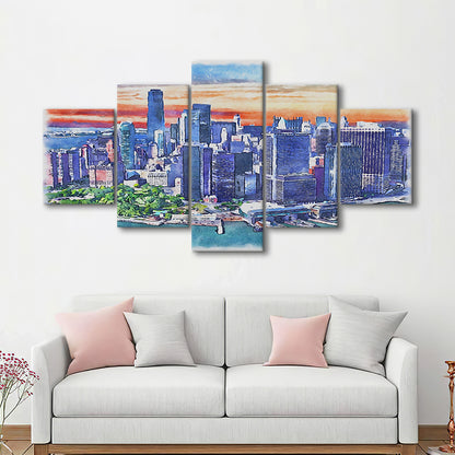 New York City Watercolor Painting Canvas, New York City Painting, Sport Art, Mixed 5 Panel, Canvas Print Wall Art
