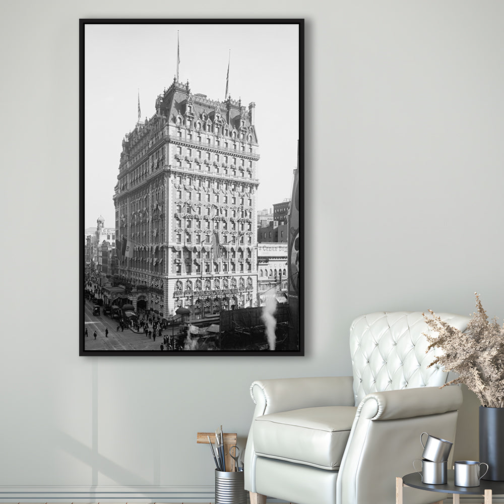 New York Photography Knickerbocker Hotel Black and White Art Architecture Print, Floating Framed Canvas Print