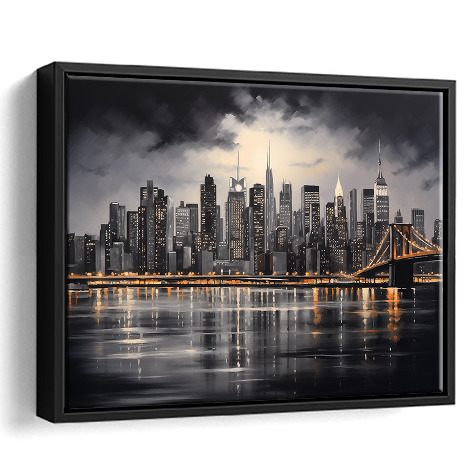 New York Skyline Acrylic Painting Black And White V1, Framed Canvas Painting, Framed Canvas Prints Wall Art Decor