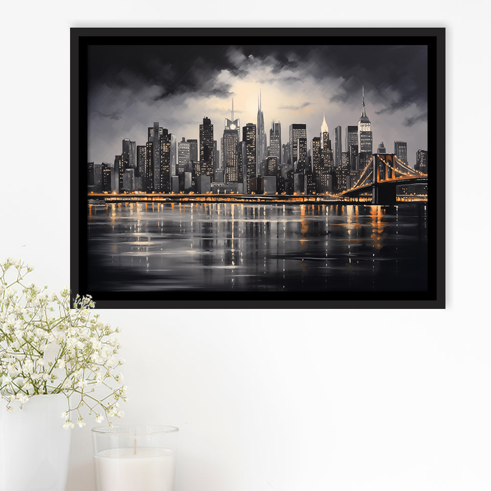 New York Skyline Acrylic Painting Black And White V1, Framed Canvas Painting, Framed Canvas Prints Wall Art Decor