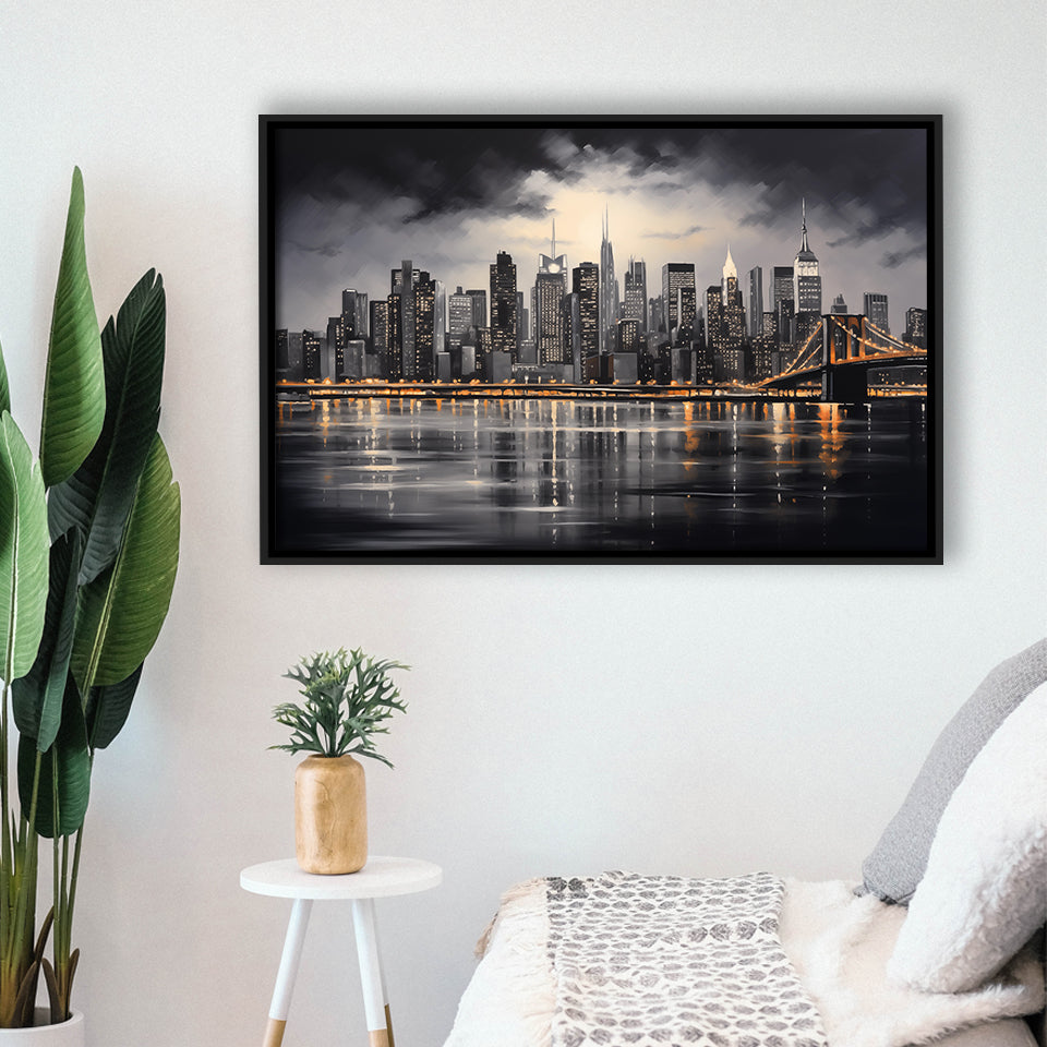 New York Skyline Acrylic Painting Black And White V1, Framed Canvas Painting, Framed Canvas Prints Wall Art Decor