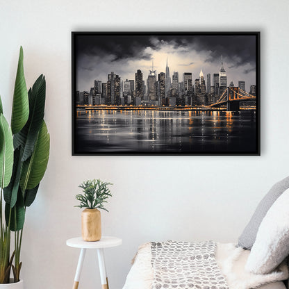 New York Skyline Acrylic Painting Black And White V1, Framed Canvas Painting, Framed Canvas Prints Wall Art Decor