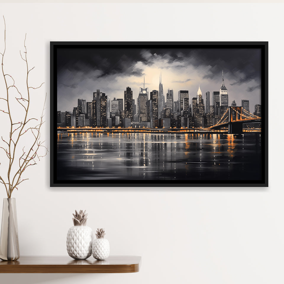 New York Skyline Acrylic Painting Black And White V1, Framed Canvas Painting, Framed Canvas Prints Wall Art Decor