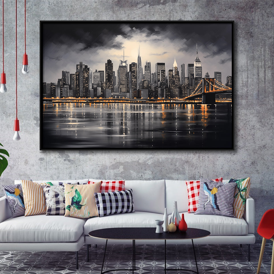 New York Skyline Acrylic Painting Black And White V1, Framed Canvas Painting, Framed Canvas Prints Wall Art Decor