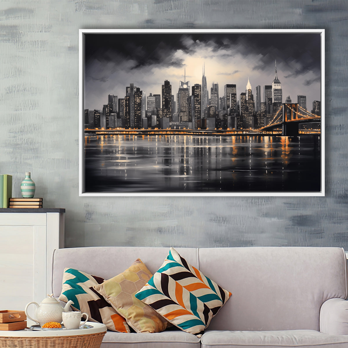 New York Skyline Acrylic Painting Black And White V1, Framed Canvas Painting, Framed Canvas Prints Wall Art Decor