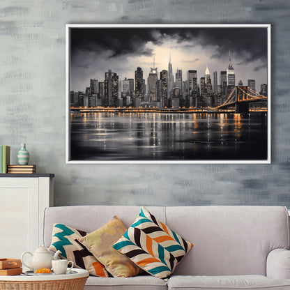 New York Skyline Acrylic Painting Black And White V1, Framed Canvas Painting, Framed Canvas Prints Wall Art Decor