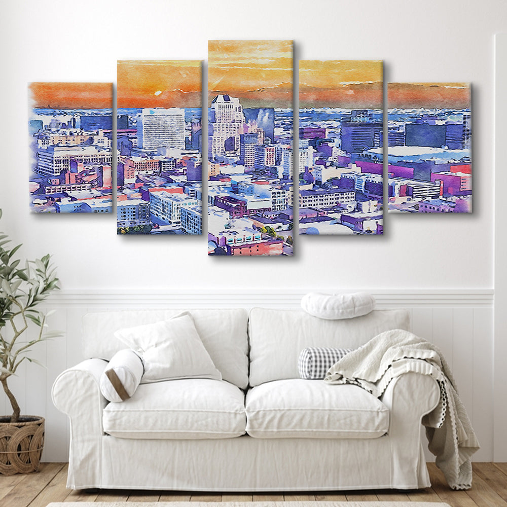 Newark Watercolor Painting Canvas, Newark New Jersey, Sport Art, Mixed 5 Panel, Canvas Print Wall Art