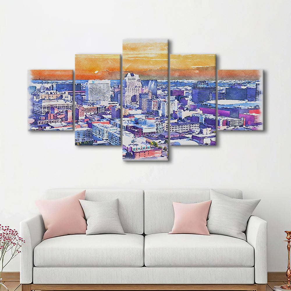 Newark Watercolor Painting Canvas, Newark New Jersey, Sport Art, Mixed 5 Panel, Canvas Print Wall Art