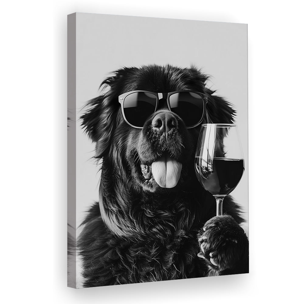 Newfoundland and Wine Canvas Print Wall Art, Black and White, Bar Cart Art, Kitchen Wall Decor